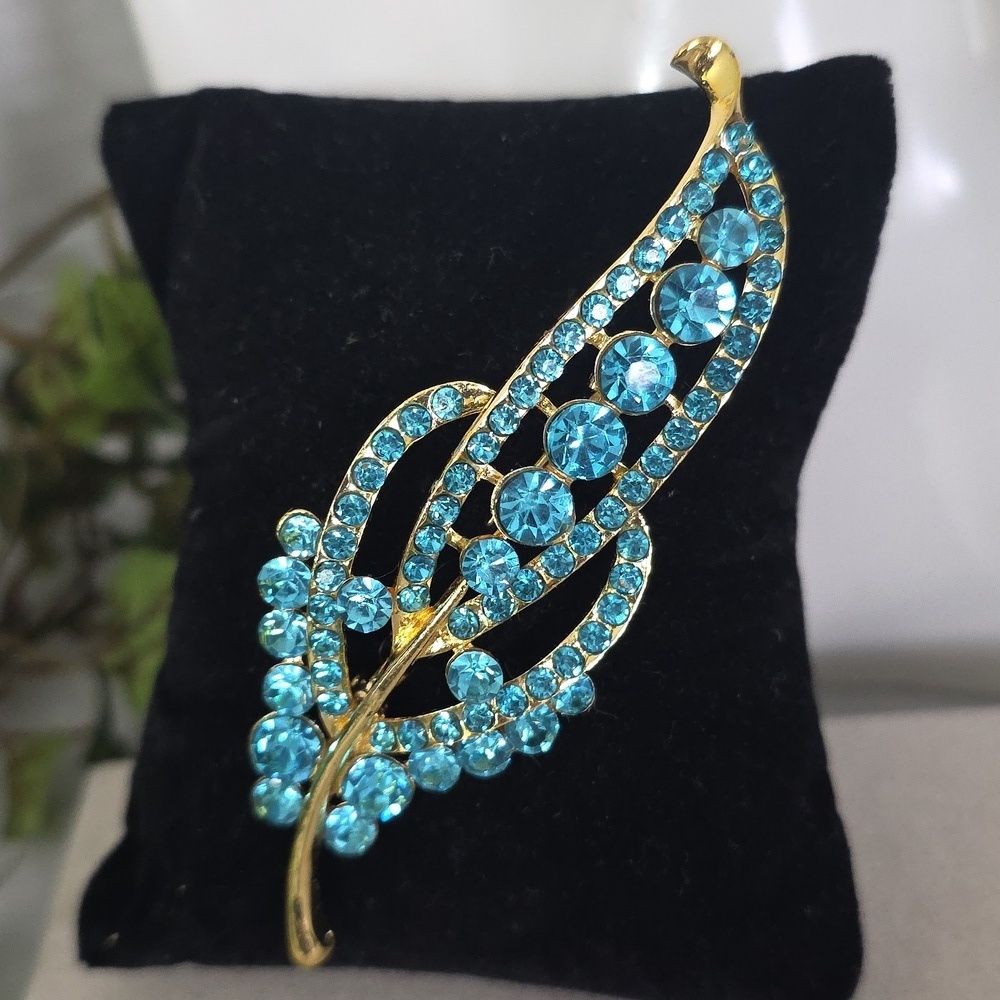 Gold with Turquoise Blue Rhinestone Leaf Brooch Pin